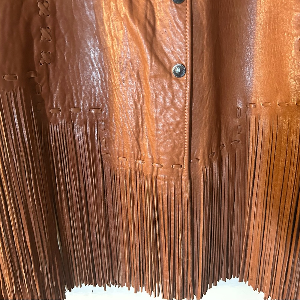 Vintage Leather Fringe Skirt – Western / Boho – Button Front – Brown - Picture 3 of 8